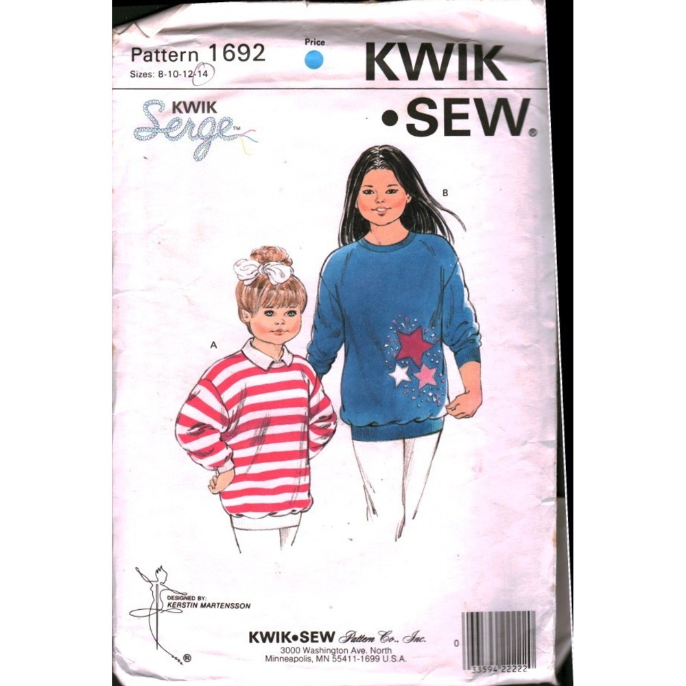 Kwik Sew 1692 Girls Tops Sewing Pattern Size 8-14 Kerstin Martensson Sweatshirt